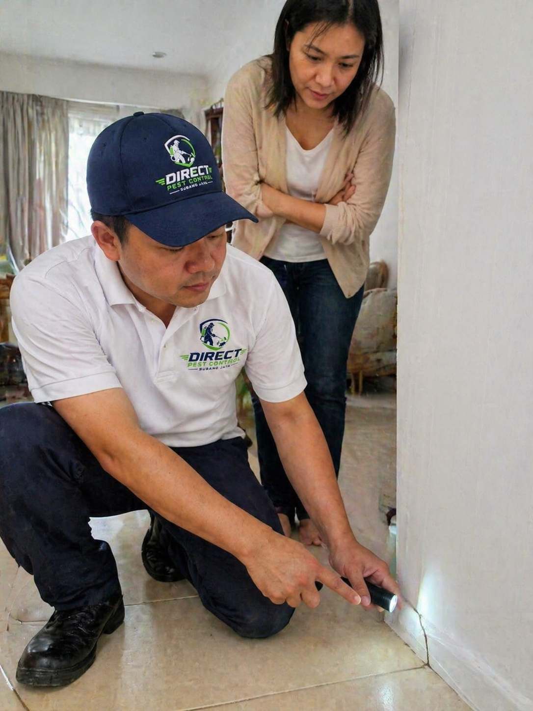 Pest control technician consulting a Subang Jaya homeowner